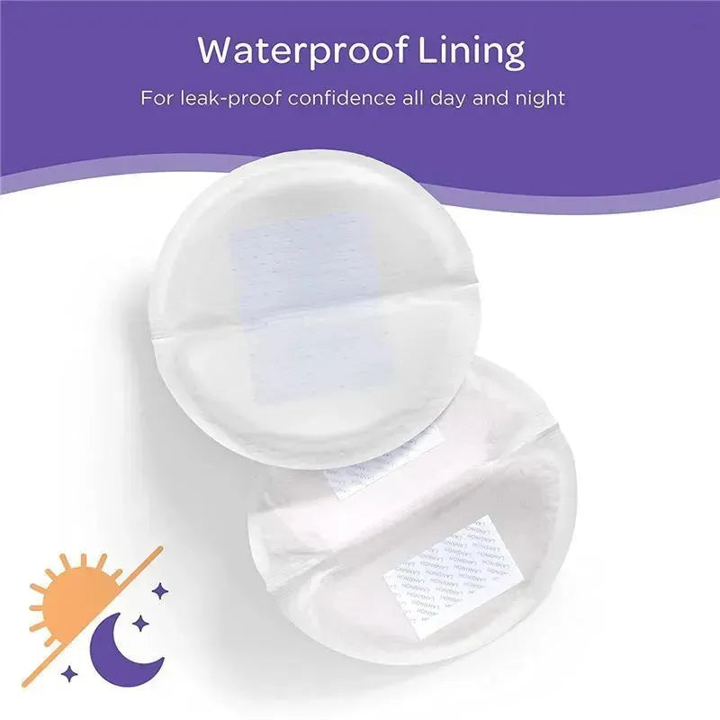 Disposable nursing pads with waterproof lining, designed for leak-proof confidence, displayed alongside sun and moon icons.