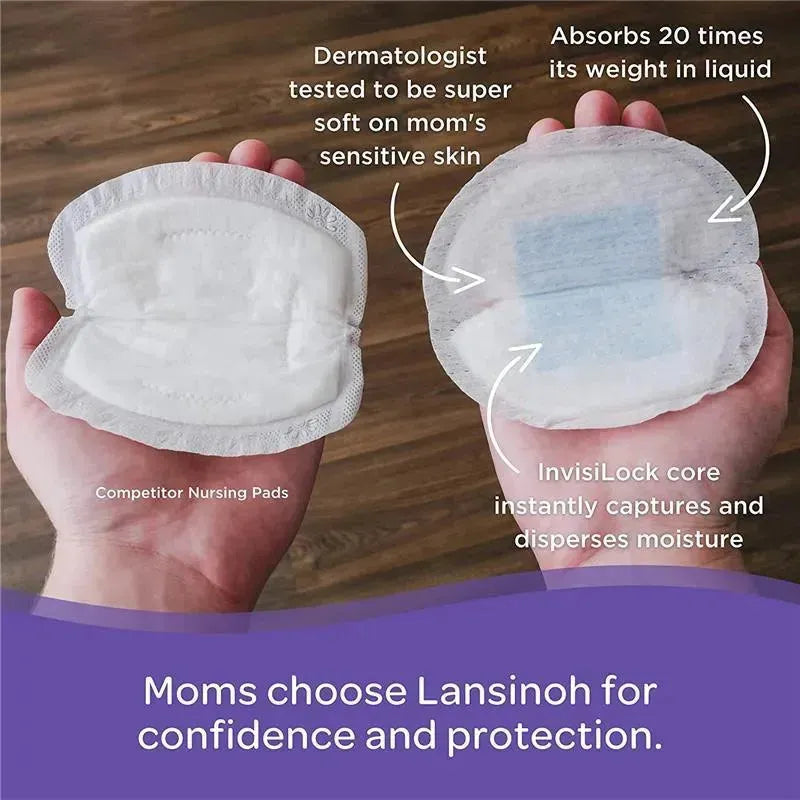 Disposable nursing pads by Lansinoh presented in hands, highlighting softness, absorbency, and InvisiLock core features.