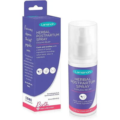 Lansinoh Herbal Postpartum Spray in a 3.5 oz bottle, designed for cooling relief with herbal ingredients like witch hazel and aloe.