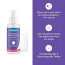 Lansinoh Herbal Postpartum Relief Spray bottle with description highlighting natural ingredients, hands-free application, and testing.