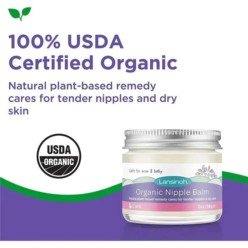 100% USDA Certified Organic Lansinoh Organic Nipple Cream, a 2oz balm for tender nipples and dry skin, labeled as safe for mom and baby.