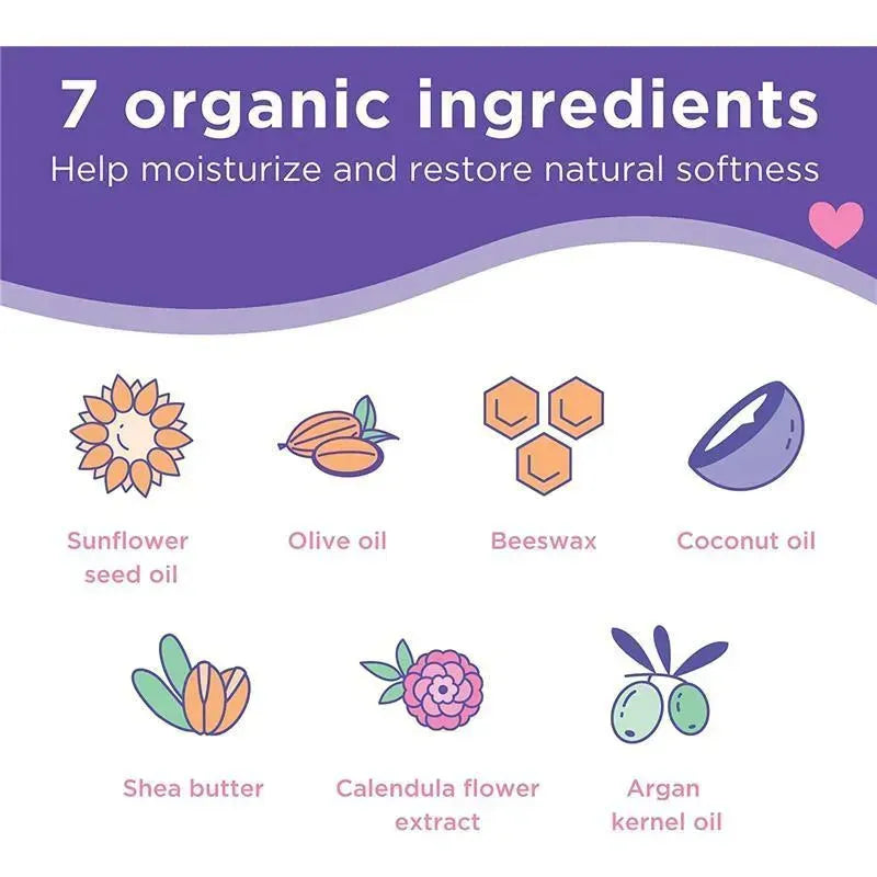7 organic ingredients, including sunflower seed oil and shea butter, highlighted for moisturizing and restoring softness.