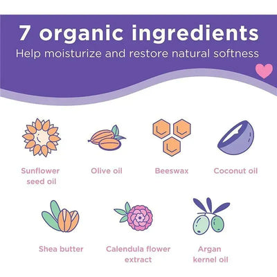 7 organic ingredients, including sunflower seed oil and shea butter, highlighted for moisturizing and restoring softness.
