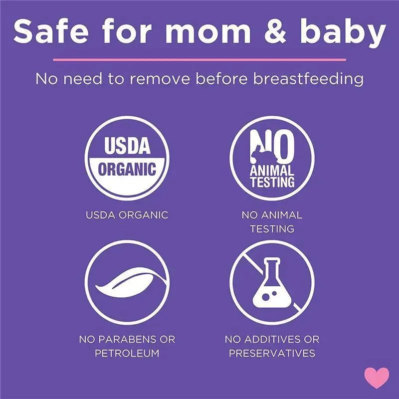 Safe for mom and baby; highlights that Lansinoh Organic Nipple Cream is USDA organic, cruelty-free, and free from parabens and preservatives.