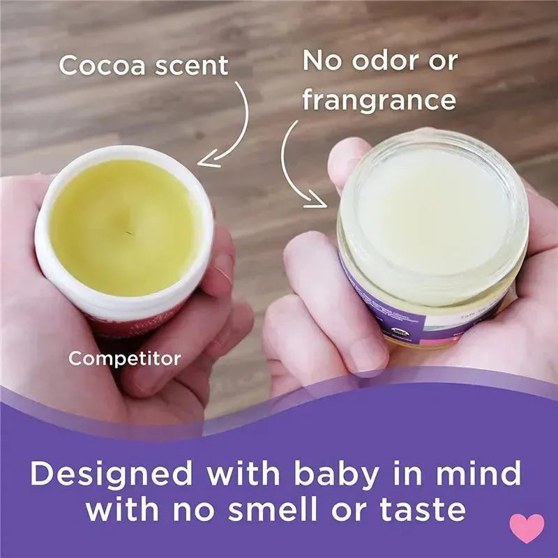 Lansinoh Organic Nipple Cream compared to a competitor’s product; emphasis on scent differences and baby-friendly formula.