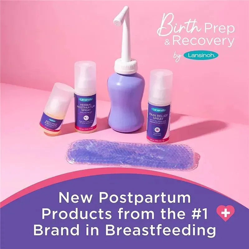 Lansinoh postpartum product assortment featuring a purple spray bottle, herbal and pain relief sprays, and a hot/cold pad on a pink background.