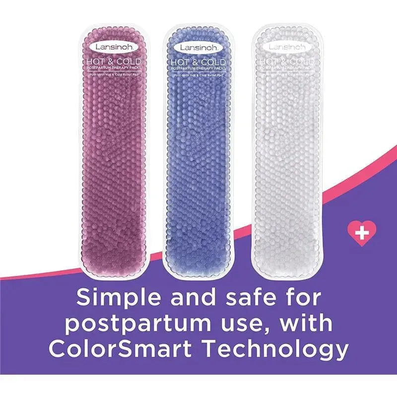 Lansinoh Hot & Cold Pads for postpartum use, featuring purple, blue, and white therapy packs with ColorSmart Technology.
