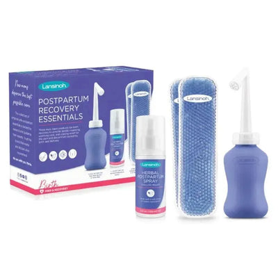 Postpartum recovery essentials kit by Lansinoh, including herbal spray, a peri bottle, and a soothing pad.
