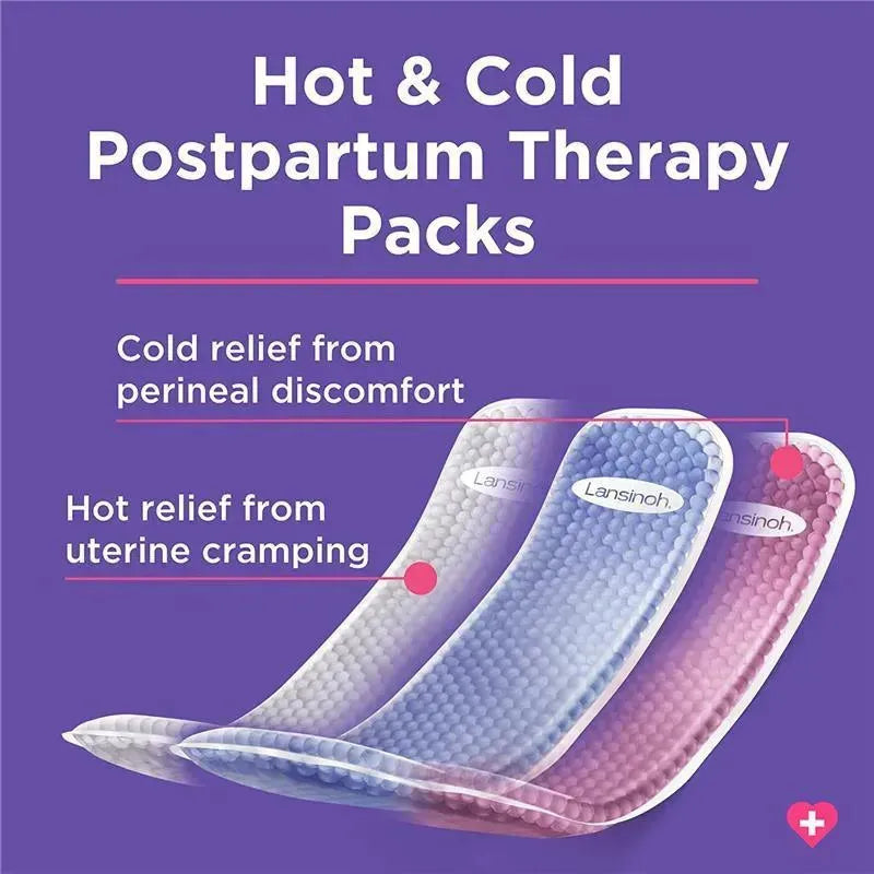 Hot and cold postpartum therapy packs by Lansinoh for perineal discomfort and uterine cramping relief.
