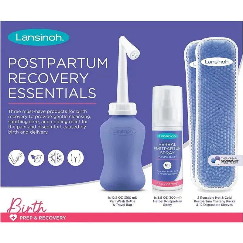 Postpartum recovery essentials kit including a peri wash bottle, herbal spray, and therapy packs for soothing care.