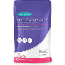 Lansinoh Sitz Bath Salts, 10 oz, designed for postpartum recovery, with calming ingredients like aloe vera and lavender oil.