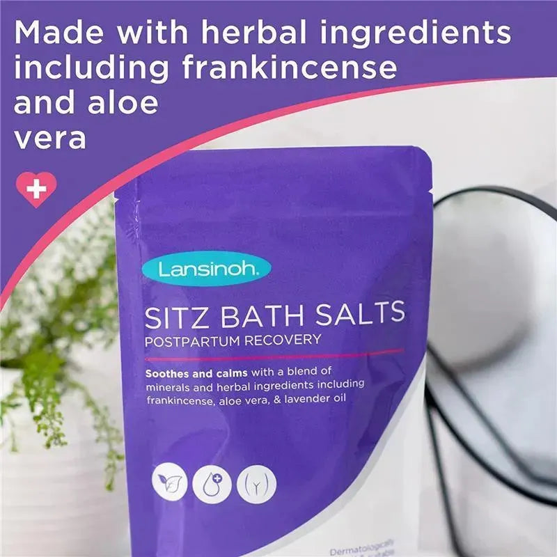 Lansinoh Sitz Bath Salts for postpartum recovery, featuring herbal ingredients like frankincense and aloe vera.