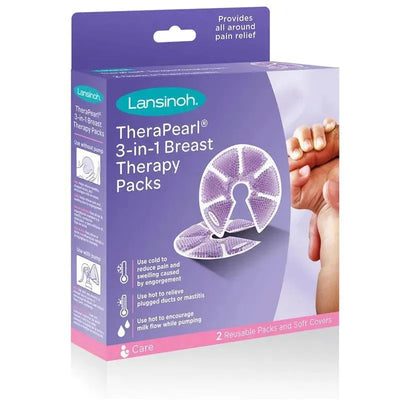 Lansinoh Therapearl 3-in-1 Breast Therapy product box showing reusable therapy packs for pain relief and milk flow encouragement.