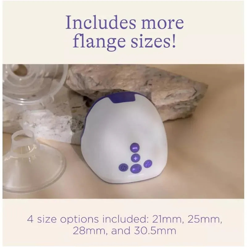 Wearable breast pump by Lansinoh with four flange size options: 21mm, 25mm, 28mm, and 30.5mm.