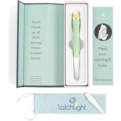 Wearable Latchlight baby night light with packaging, operating manual, and a strap for easier use during nighttime feeding.