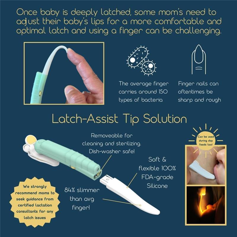 Latchlight Wearable Baby Night Light features a soft, flexible tip for easier baby latching, highlighting hygiene and ease of use.