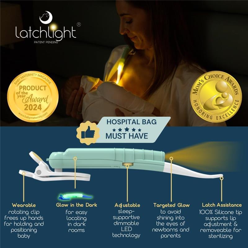 Wearable Latchlight night light for breastfeeding, featuring a rotating clip and dimmable LED technology.