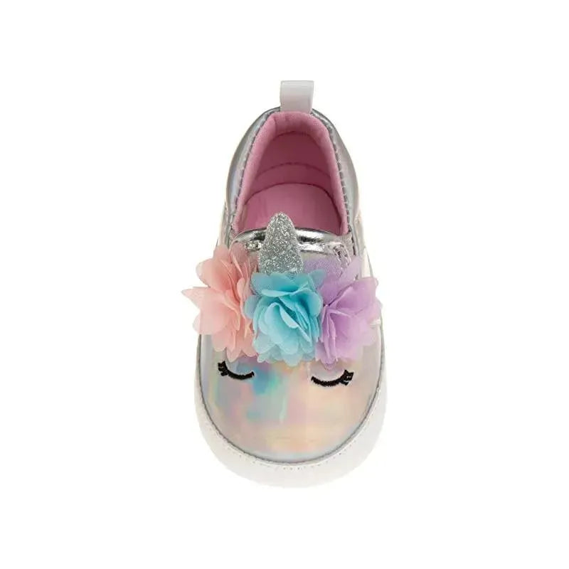 Metallic silver crib shoes adorned with a unicorn horn, colorful flowers, and a smiling face for girls.