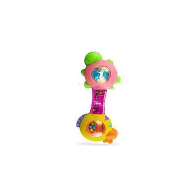 Colorful rattle with a turtle design, featuring a transparent ball chamber filled with multi-colored beads.