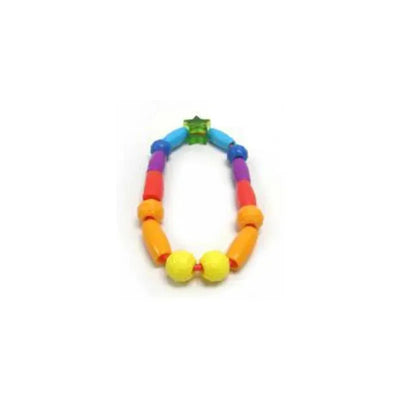 Colorful teething beads in various shapes, including star, round, and cylindrical, designed for infants.