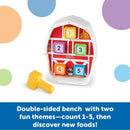 Learning Resources Barnyard Pounding Bench with colorful counting blocks numbered 1-5 and a yellow hammer for interactive play.