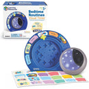 Learning Resources Bedtime Routines Visual Timer features a blue timer with customizable stickers for activities and a starry face design.