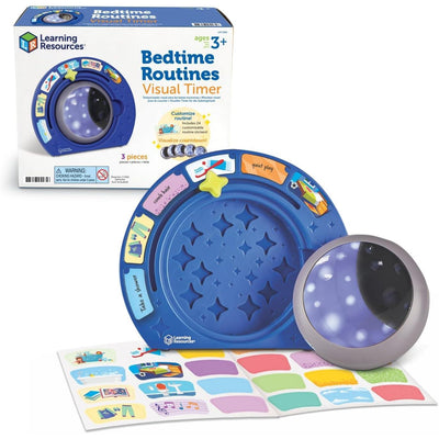 Learning Resources Bedtime Routines Visual Timer features a blue timer with customizable stickers for activities and a starry face design.