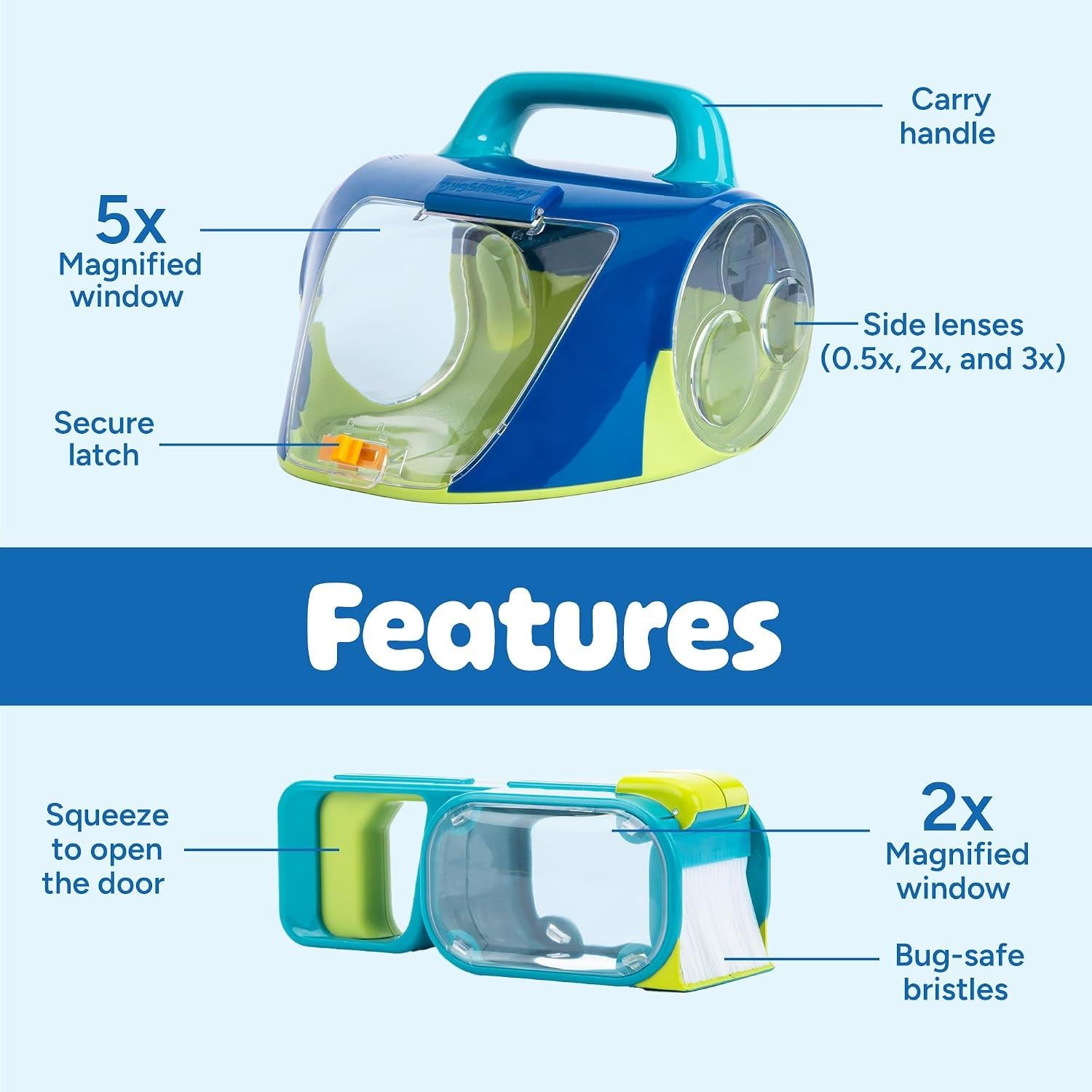 Geosafari Bugservatory features a 5x magnified window, secure latch, carry handle, and side lenses for exploring bugs.