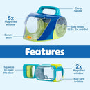 Geosafari Bugservatory features a 5x magnified window, secure latch, carry handle, and side lenses for exploring bugs.