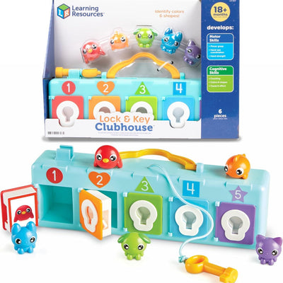 Colorful Lock & Key Clubhouse by Learning Resources, featuring five locks, keys, and animal figures for motor and cognitive skills.