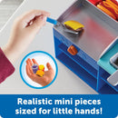 Mini Snack Shop Sorting Set with realistic food pieces and tools for imaginative play, featuring a burger and hotdog.
