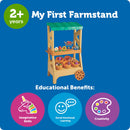 Wooden farmstand toy with colorful fruits and flowers in baskets, promoting imaginative skills and creativity for ages 2+.