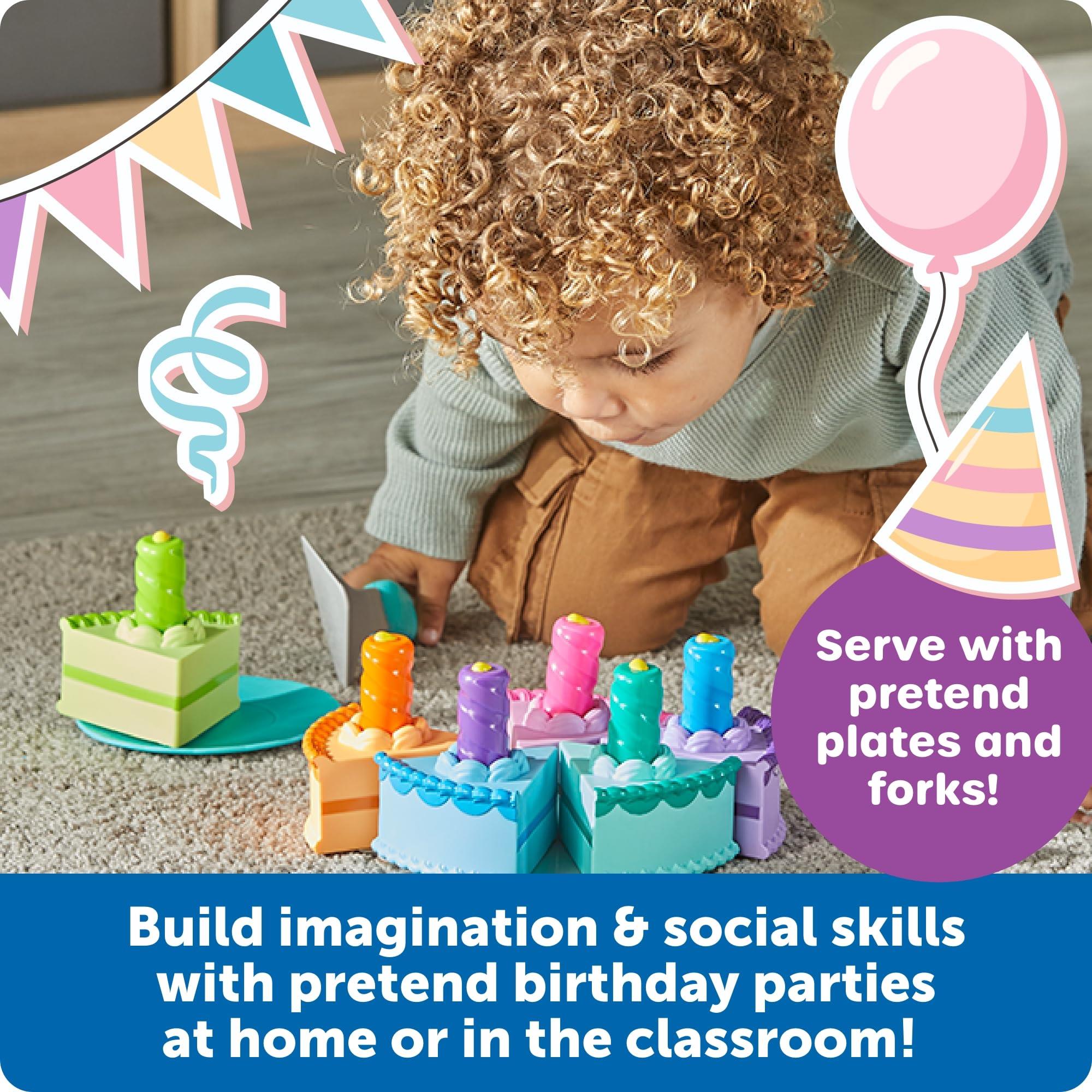 Child playing with Learning Resources New Sprouts Serve & Share Birthday Cake set, featuring colorful pretend cakes, plates, and utensils.