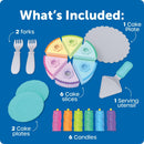 New Sprouts Serve & Share Birthday Cake set includes 6 cake slices, 2 forks, 2 cake plates, 1 serving utensil, and 6 colorful candles.