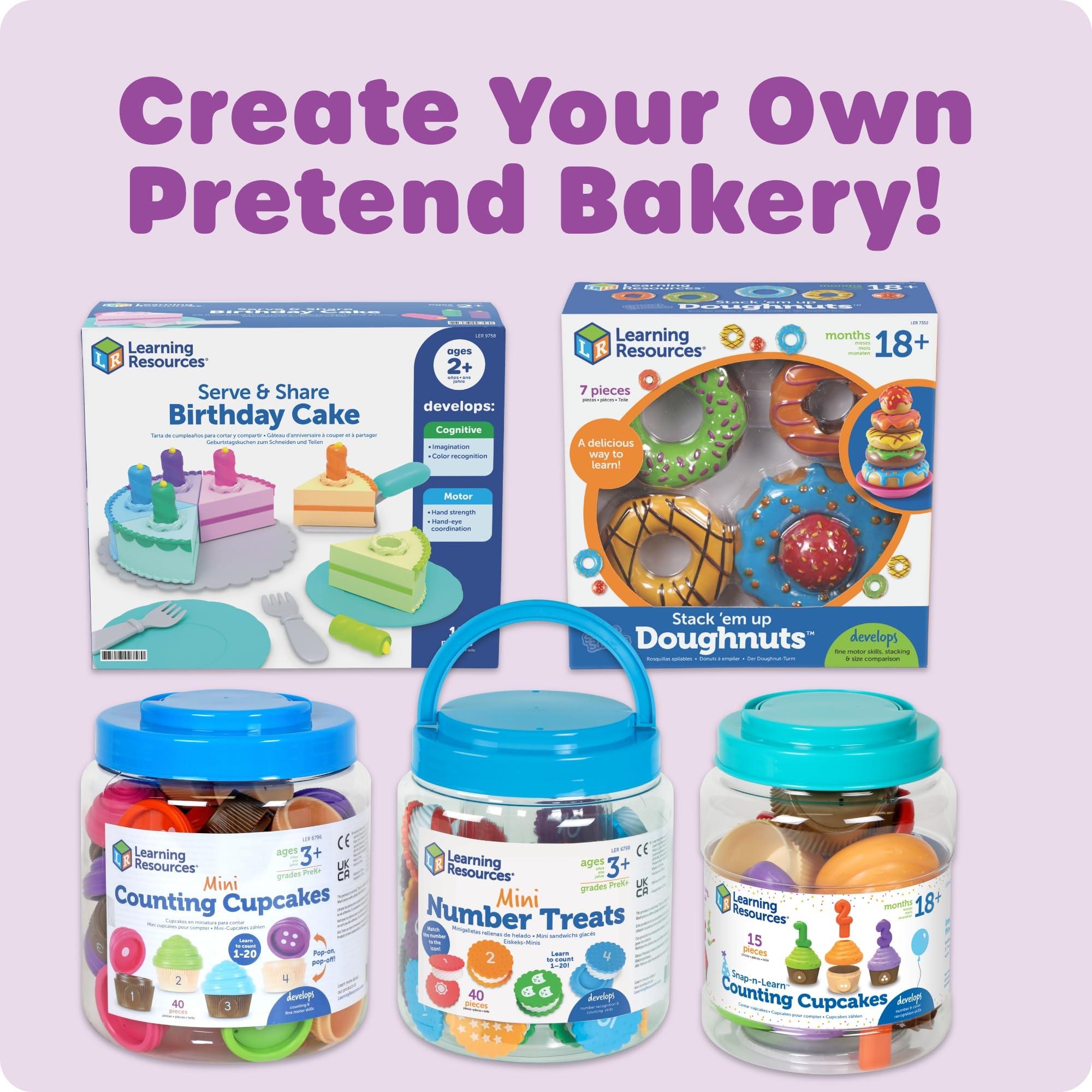 Learning Resources birthday cake playset alongside doughnut and cupcake toys, promoting imaginative pretend baking.