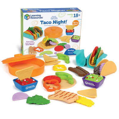 Colorful taco-themed playset including 28 pieces like tacos, toppings, and a dipping bowl, encouraging imaginative play.