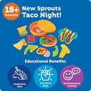 Toy taco set featuring colorful plastic food items for imaginative play, with educational benefits listed.