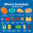 28-piece taco playset includes tortilla container, taco stand, hard and soft shells, vegetables, and toppings.