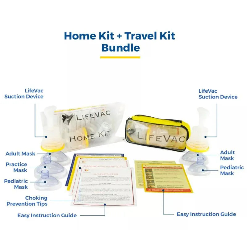 LifeVac Home Kit and Travel Kit Bundle, featuring a suction device, adult and pediatric masks, practice mask, and instruction guides.