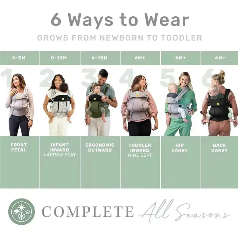 Líllé Baby Complete All Seasons Carrier in Pebble Grey with six wearing methods for babies from newborn to toddler.