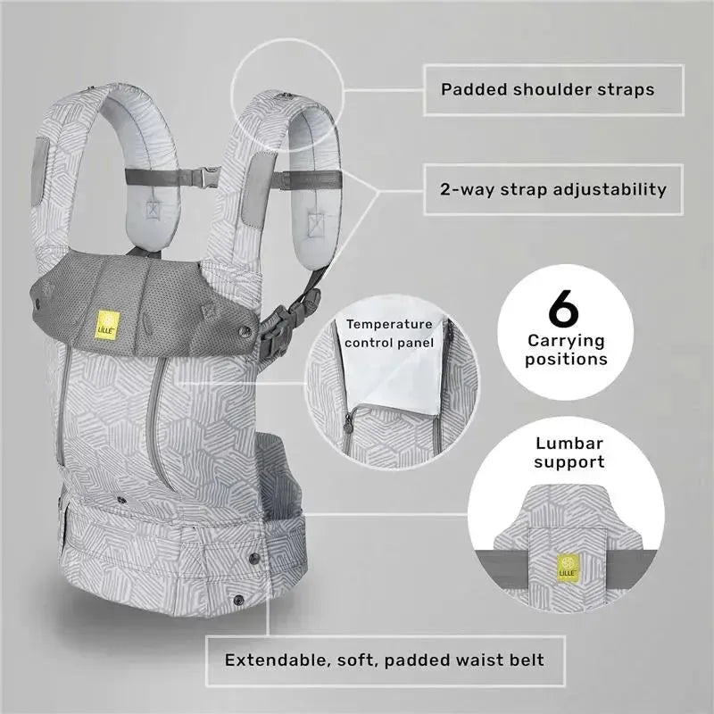 Líllé Baby Complete All Seasons Carrier in Pebble Grey features padded shoulder straps, a temperature control panel, and lumbar support.