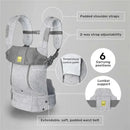 Líllé Baby Complete All Seasons Carrier in Pebble Grey features padded shoulder straps, a temperature control panel, and lumbar support.