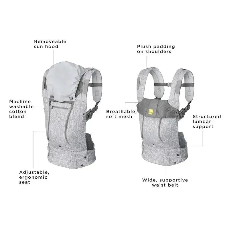 Líllé Baby Complete All Seasons Carrier in Pebble Grey with features like removable sun hood, plush shoulder padding, and adjustable ergonomic seat.