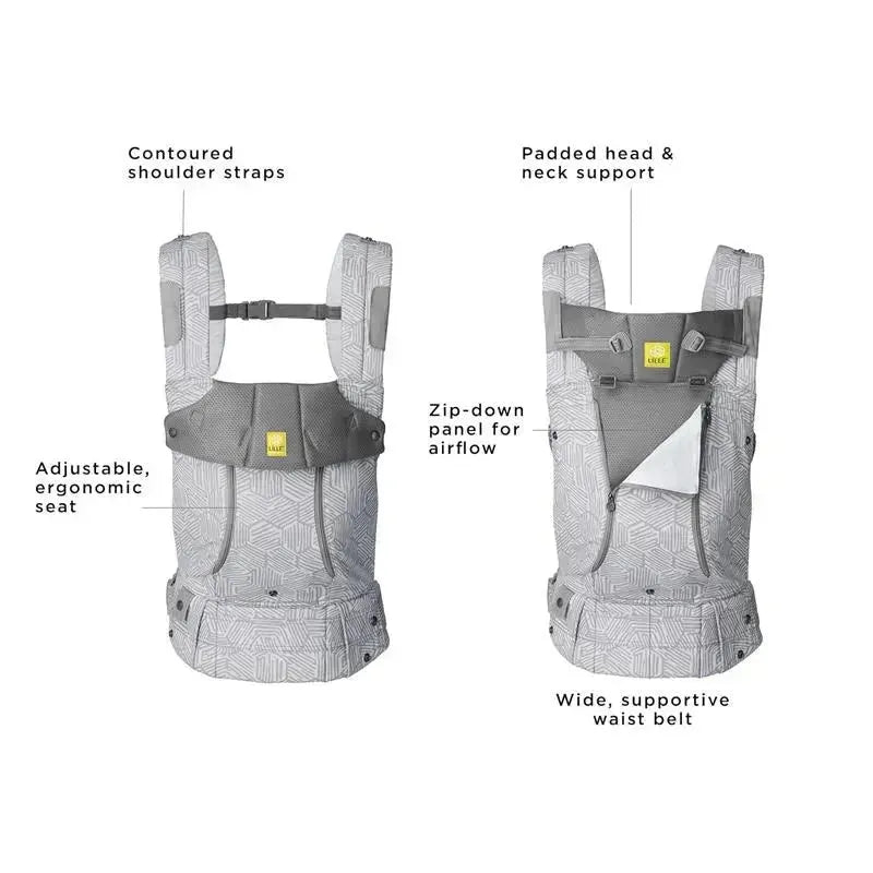 Complete All Seasons Carrier in Pebble Grey featuring contoured shoulder straps, padded head support, adjustable ergonomic seat, and zip-down panel for airflow.
