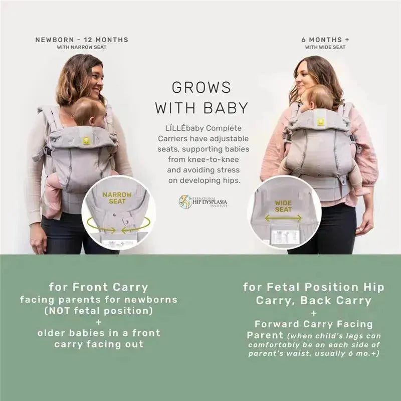 Líllébaby Complete All Seasons Carrier in Pebble Grey, demonstrating front carry options for infants and older babies.