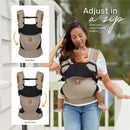 Líllébaby Elevate 6-In-1 Linen Blend Baby Carrier in Warm Sand, featuring adjustable wide and narrow seat options, displayed with a mother and child.