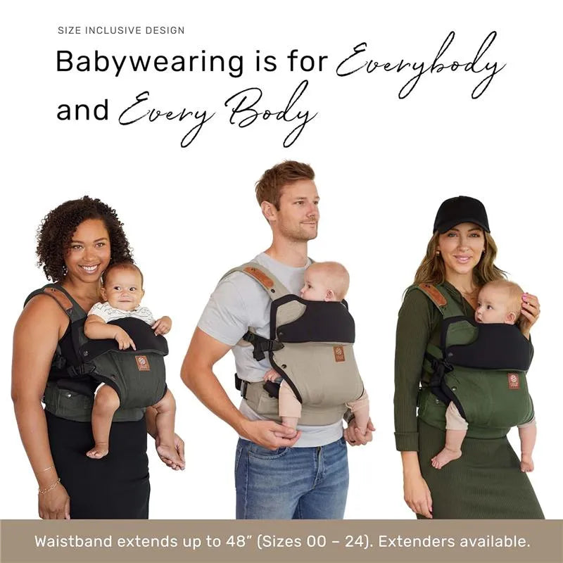 Líllébaby Elevate 6-In-1 Linen Blend Baby Carrier in Warm Sand, featuring diverse parents holding babies, emphasizing size inclusivity.