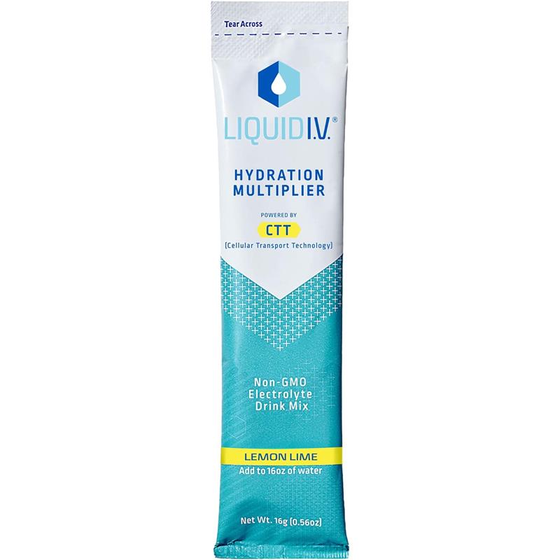 Liquid IV Lemon Lime hydration multiplier drink mix packet, 16g, with non-GMO electrolytes, adds to 16 oz of water.