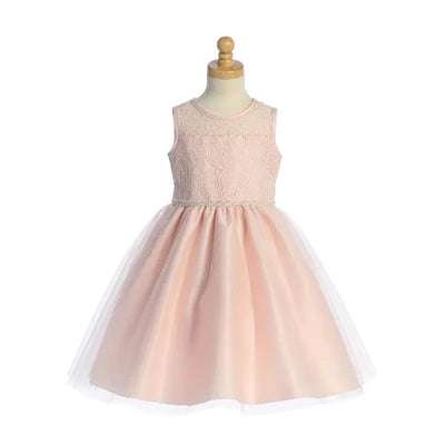 Lito baby girl dress in blush, featuring a lace bodice and tulle skirt, displayed on a mannequin.