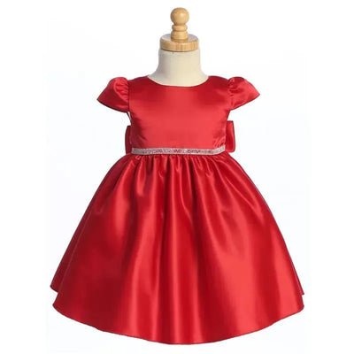 Satin red baby girl dress with short sleeves and rhinestone trim, designed for 12-18 months, ideal for special occasions.